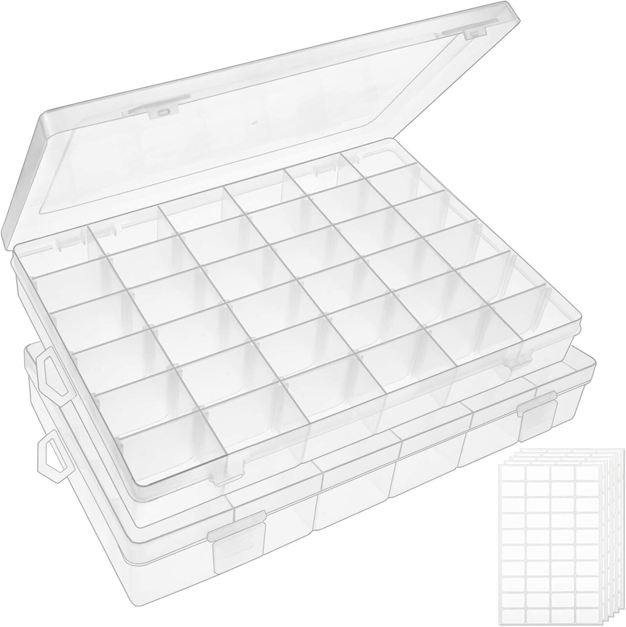 2 Pack 36 Grids Clear Plastic Bead Jewelry Organizer Box, Fishing Tackle Box Compartment Organizer with Adjustable Dividers for Jewelry, Art Craft, Bead Storage Containers with 5 Sheets Label Stickers